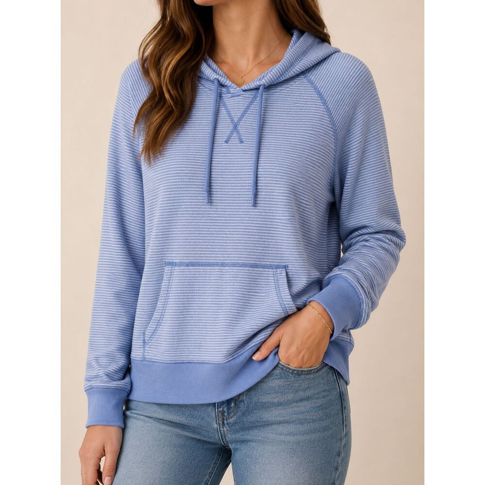 Kuhl Women’s Medium Blue Striped Hoodie Pullover Kangaroo Pocket Casual Soft
